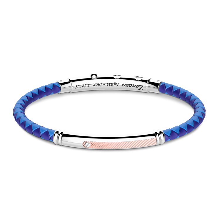Zancan black silicone bracelet with silver tag and rose gold details.