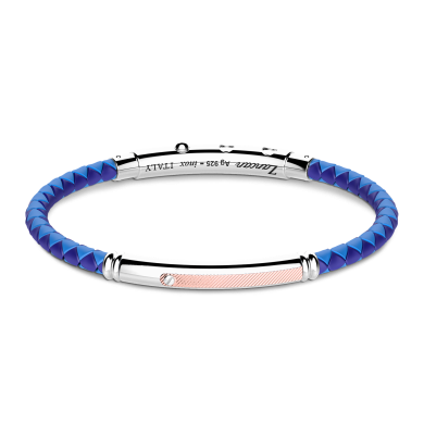 Bracciale Zancan in silicone nero con targa in argento e dettagli in oro rosa.