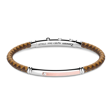 Bracciale Zancan in silicone nero con targa in argento e dettagli in oro rosa.