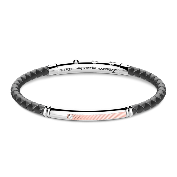 Zancan black silicone bracelet with silver tag and rose gold details.
