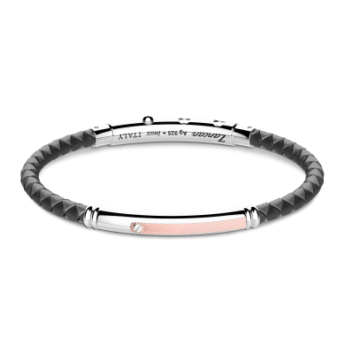 Zancan black silicone bracelet with silver tag and rose gold details.