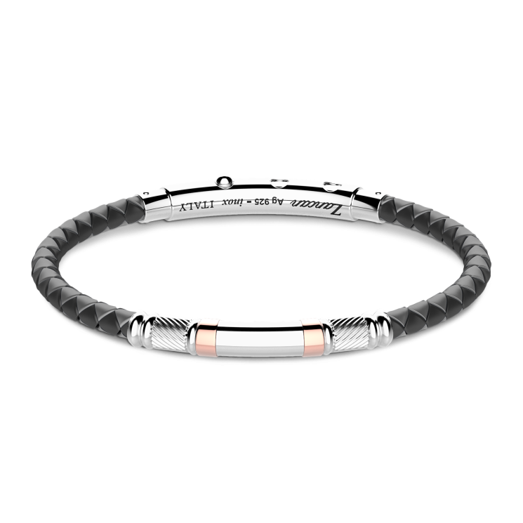 Zancan black silicone bracelet with silver tag and rose gold details.