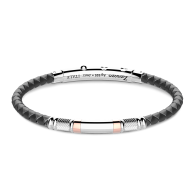 Zancan black silicone bracelet with silver tag and rose gold details.
