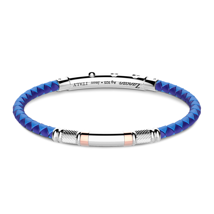 Bracciale Zancan in silicone nero con targa in argento e dettagli in oro rosa.