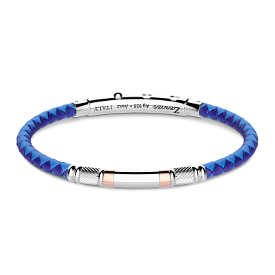 Bracciale Zancan in silicone nero con targa in argento e dettagli in oro rosa.