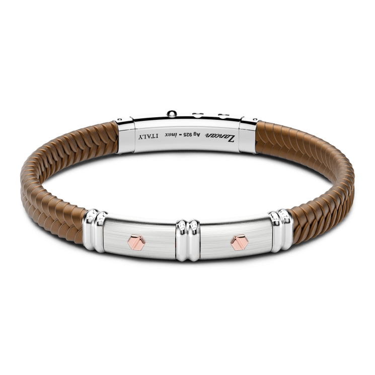 Zancan black silicone bracelet with silver tag and rose gold details.