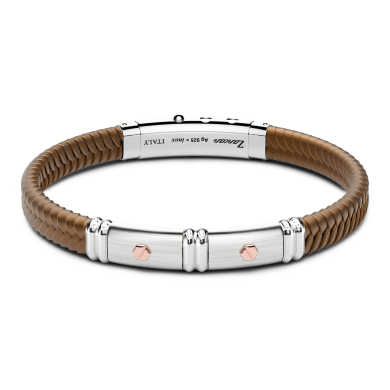 Bracciale Zancan in silicone nero con targa in argento e dettagli in oro rosa.