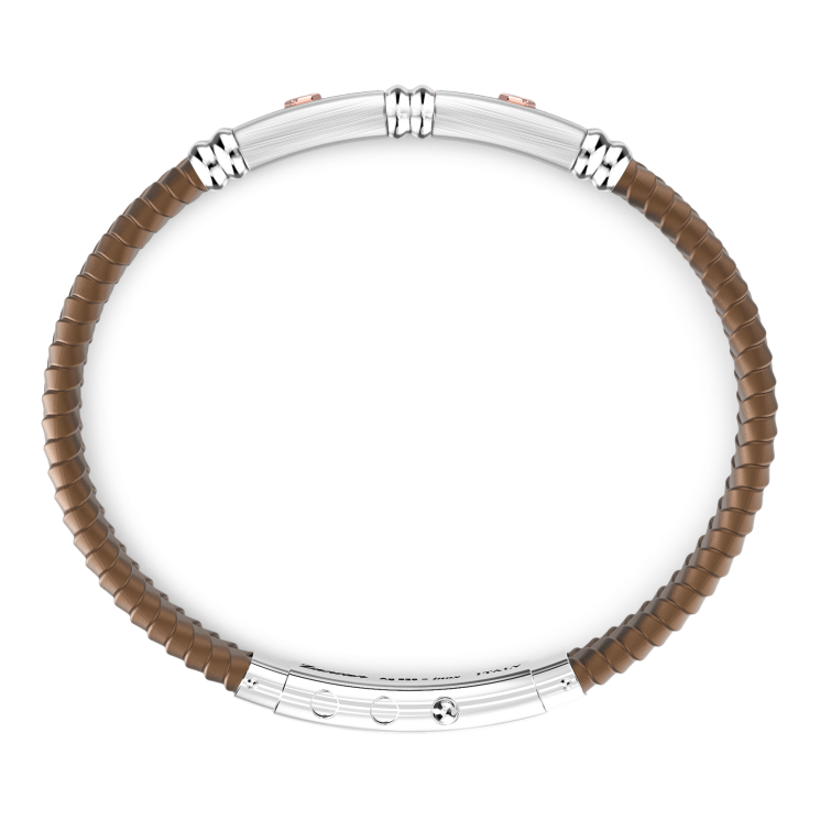 Bracciale Zancan in silicone nero con targa in argento e dettagli in oro rosa.