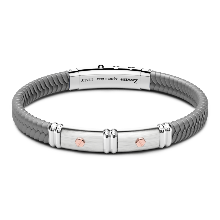 Bracciale Zancan in silicone nero con targa in argento e dettagli in oro rosa.