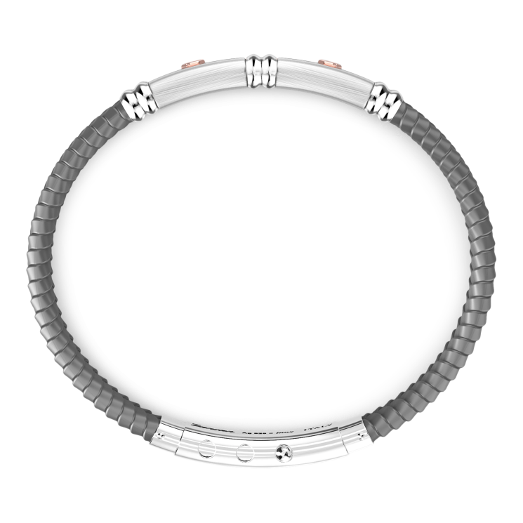 Zancan black silicone bracelet with silver tag and rose gold details.