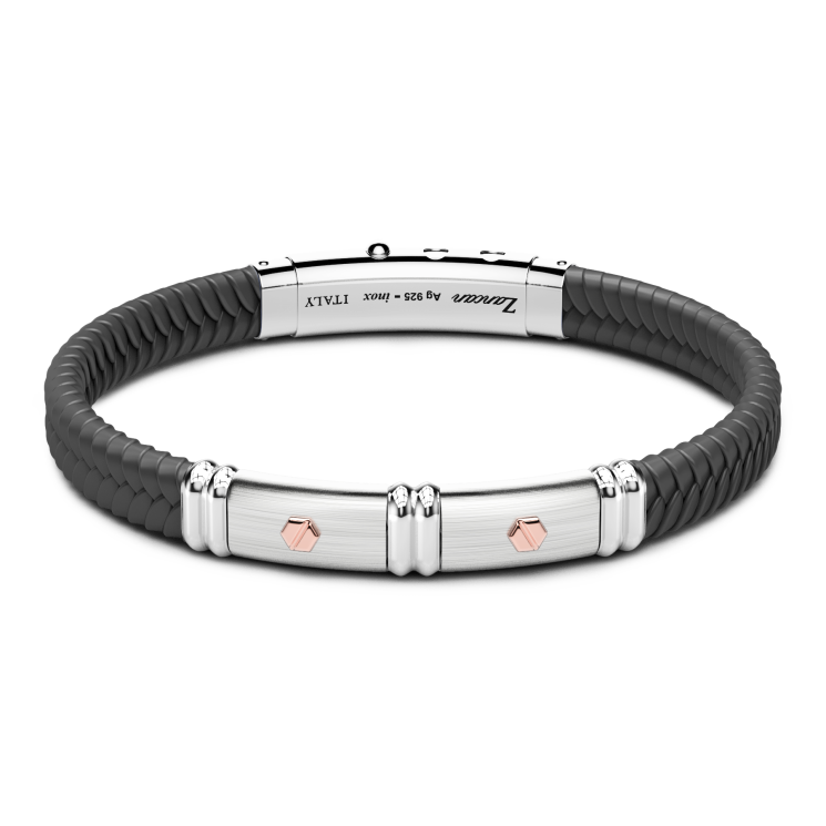 Zancan black silicone bracelet with silver tag and rose gold details.