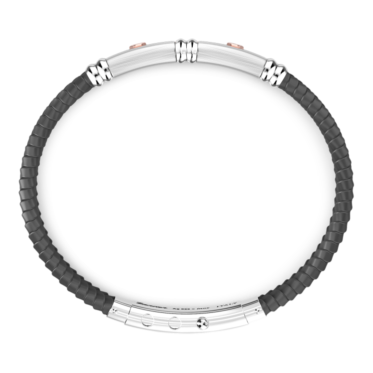 Zancan black silicone bracelet with silver tag and rose gold details.