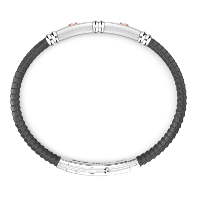 Bracciale Zancan in silicone nero con targa in argento e dettagli in oro rosa.