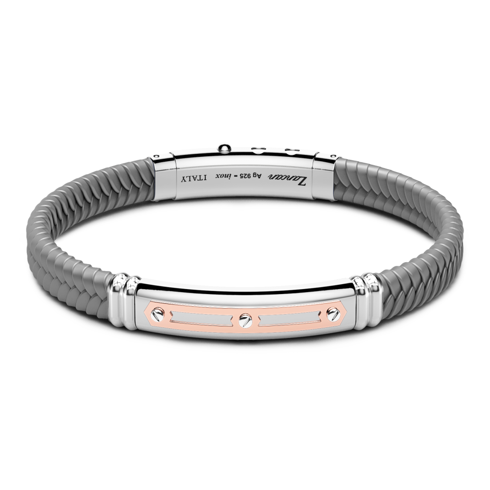 Zancan black silicone bracelet with silver tag and rose gold details.