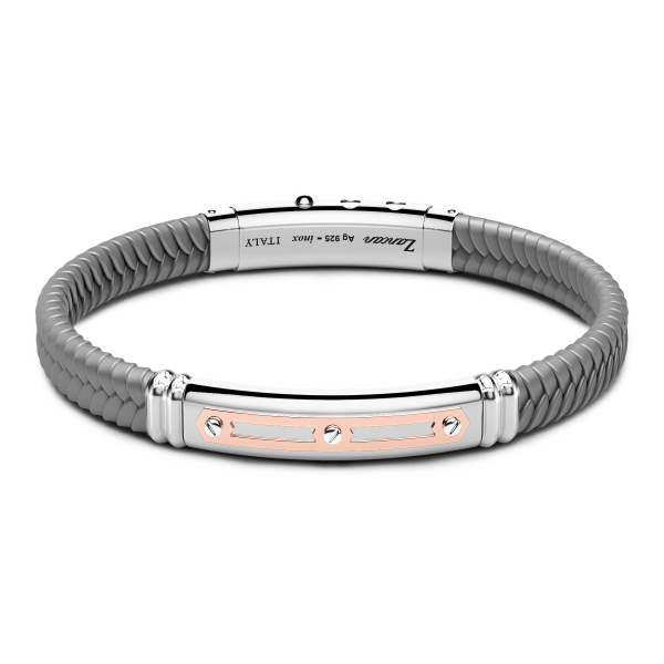 Zancan black silicone bracelet with silver tag and rose gold details.