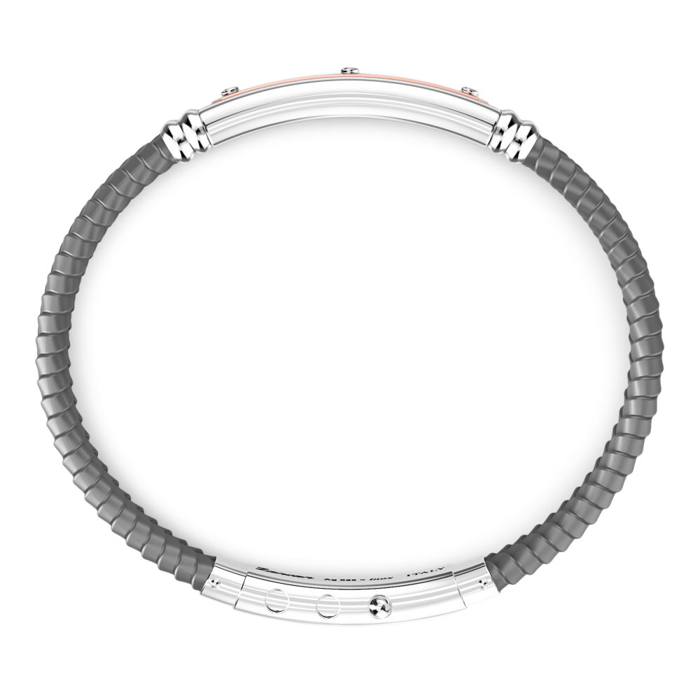 Zancan black silicone bracelet with silver tag and rose gold details.