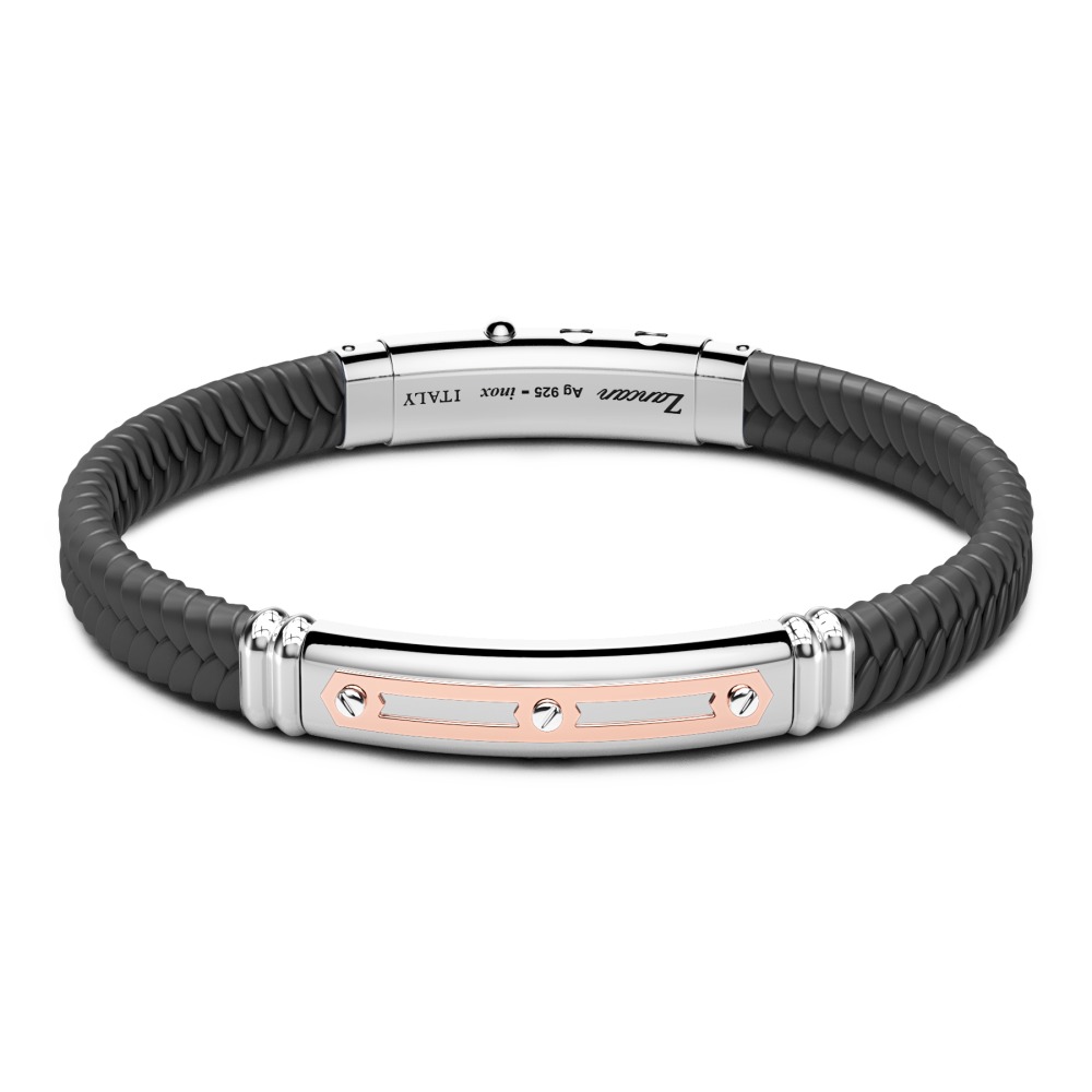 Zancan black silicone bracelet with silver tag and rose gold details.