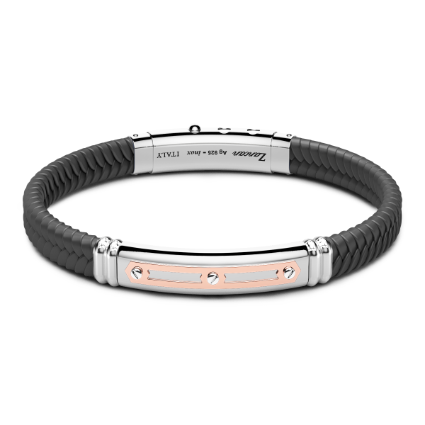 Zancan black silicone bracelet with silver tag and rose gold details.