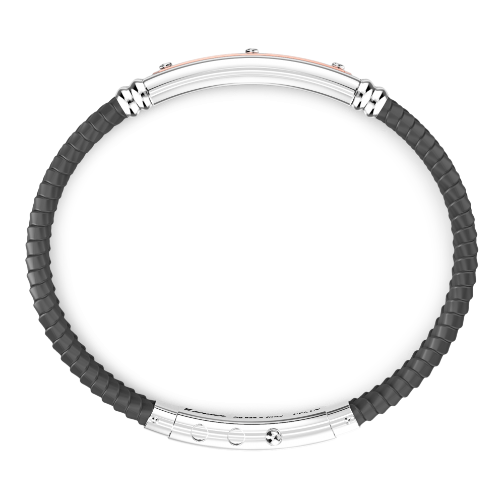 Zancan black silicone bracelet with silver tag and rose gold details.