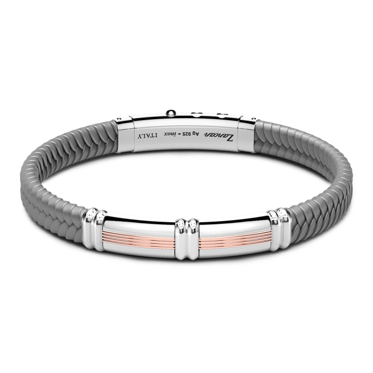 Zancan black silicone bracelet with silver tag and rose gold details.