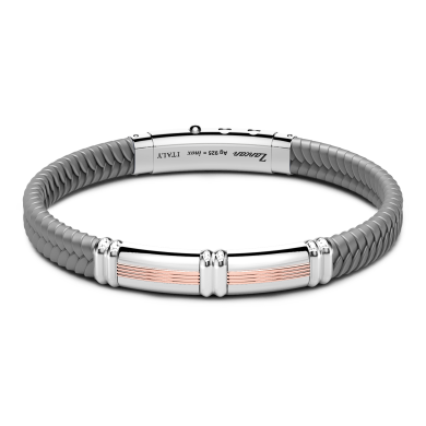 Bracciale Zancan in silicone nero con targa in argento e dettagli in oro rosa.