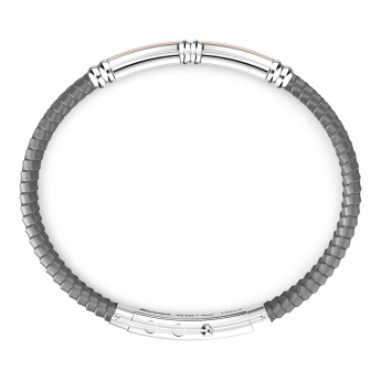 Zancan black silicone bracelet with silver tag and rose gold details. 2
