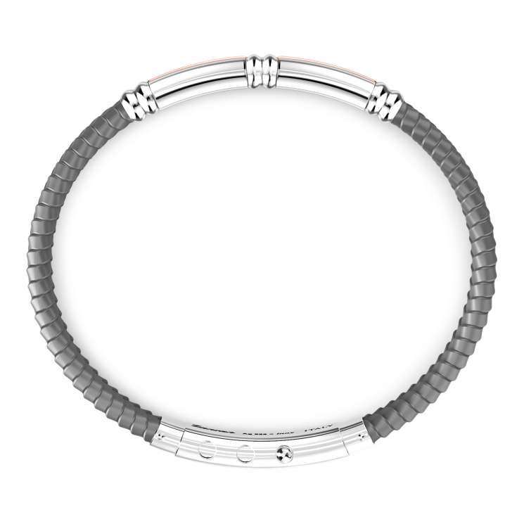 Zancan black silicone bracelet with silver tag and rose gold details.