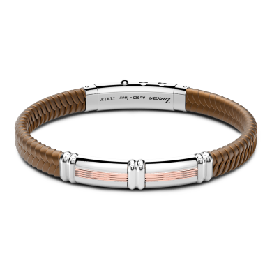 Bracciale Zancan in silicone nero con targa in argento e dettagli in oro rosa.