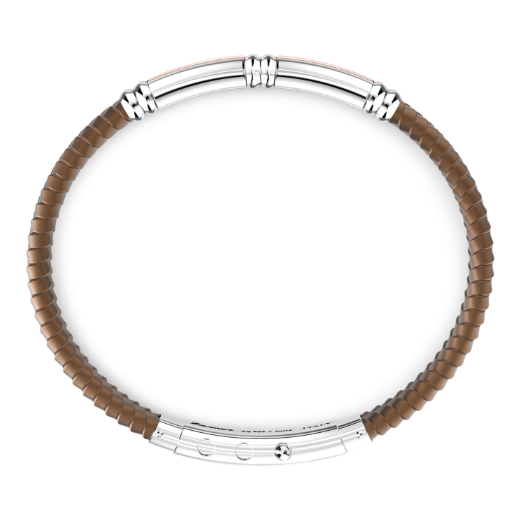 Zancan black silicone bracelet with silver tag and rose gold details.