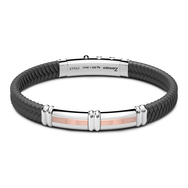 Zancan black silicone bracelet with silver tag and rose gold details.