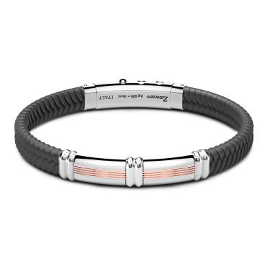 Zancan black silicone bracelet with silver tag and rose gold details.