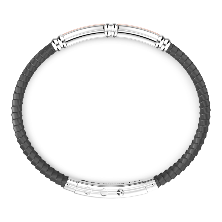 Zancan black silicone bracelet with silver tag and rose gold details.