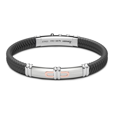 Bracciale Zancan in silicone nero con targa in argento e dettagli in oro rosa.