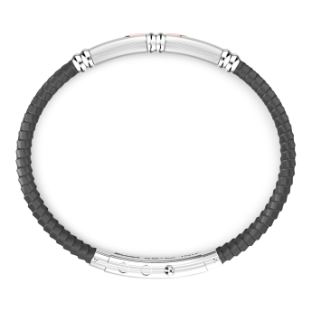 Zancan black silicone bracelet with silver tag and rose gold details. 2