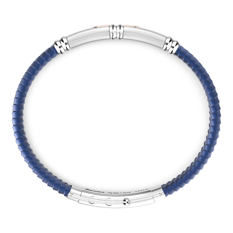 Bracciale Zancan in silicone nero con targa in argento e dettagli in oro rosa.