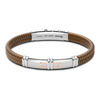 Bracciale Zancan in silicone nero con targa in argento e dettagli in oro rosa.