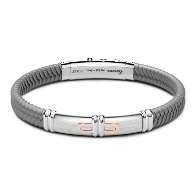 Bracciale Zancan in silicone nero con targa in argento e dettagli in oro rosa.
