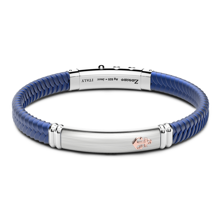 Zancan black silicone bracelet with silver tag and rose gold details.