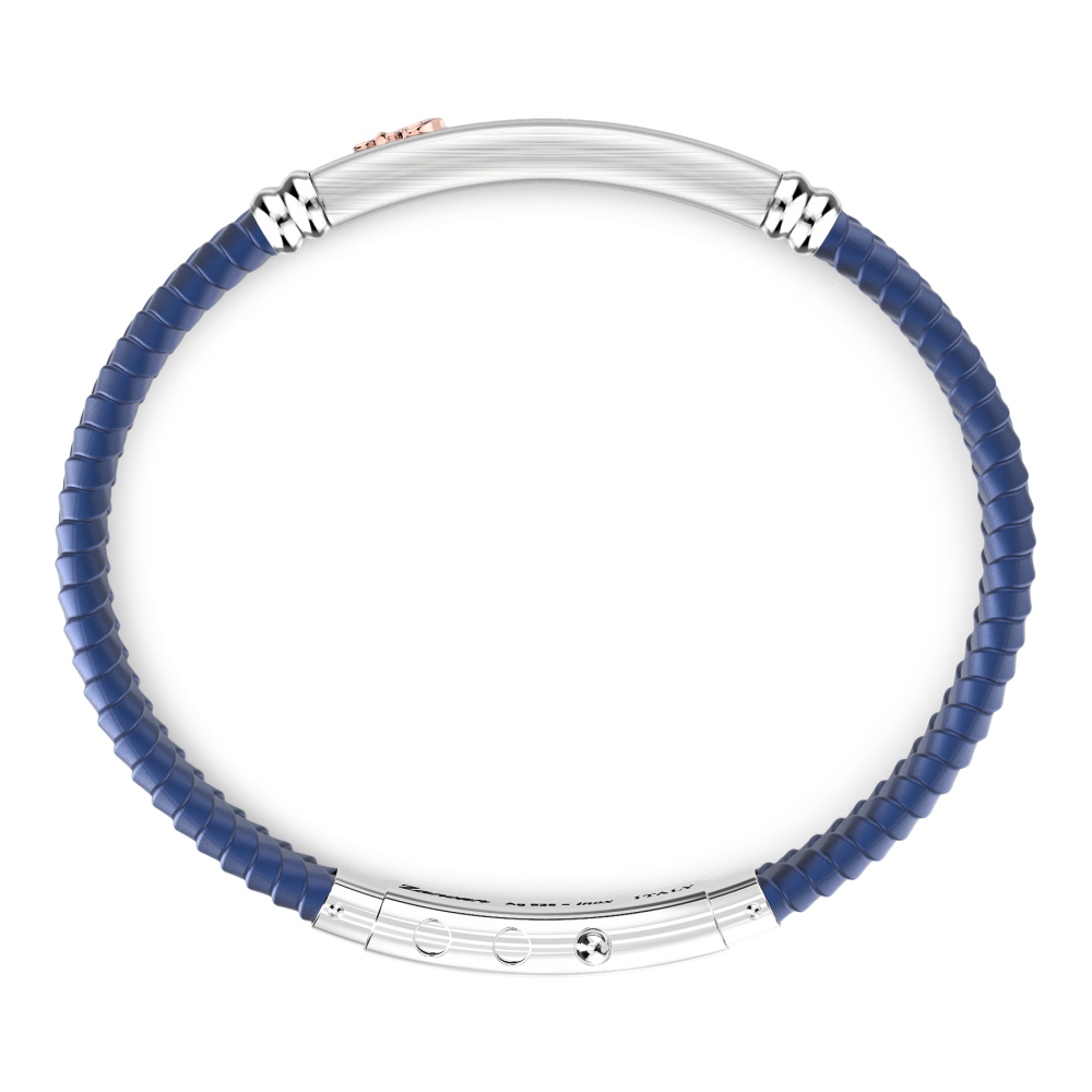 Bracciale Zancan in silicone nero con targa in argento e dettagli in oro rosa.