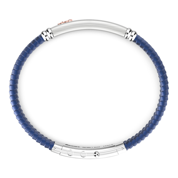 Bracciale Zancan in silicone nero con targa in argento e dettagli in oro rosa.