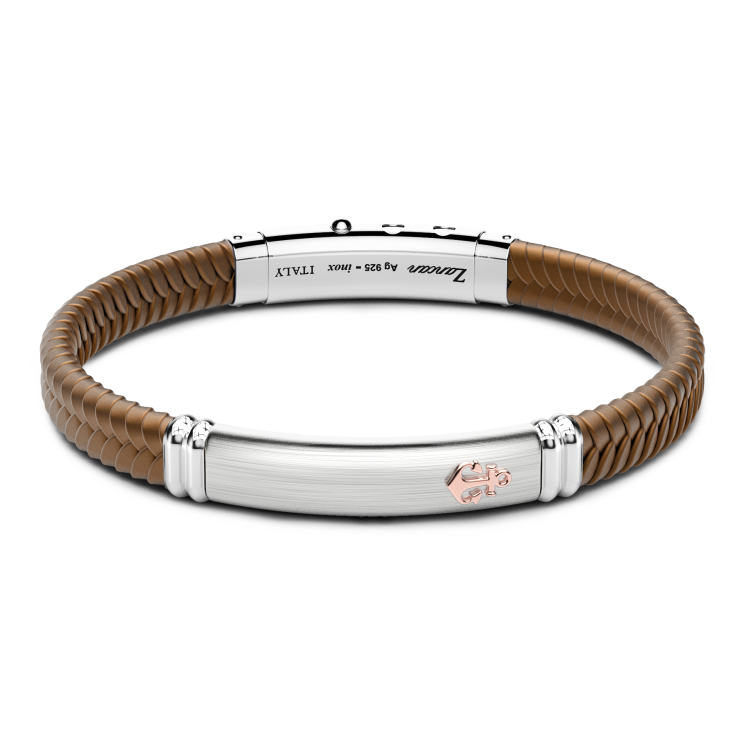 Zancan black silicone bracelet with silver tag and rose gold details.