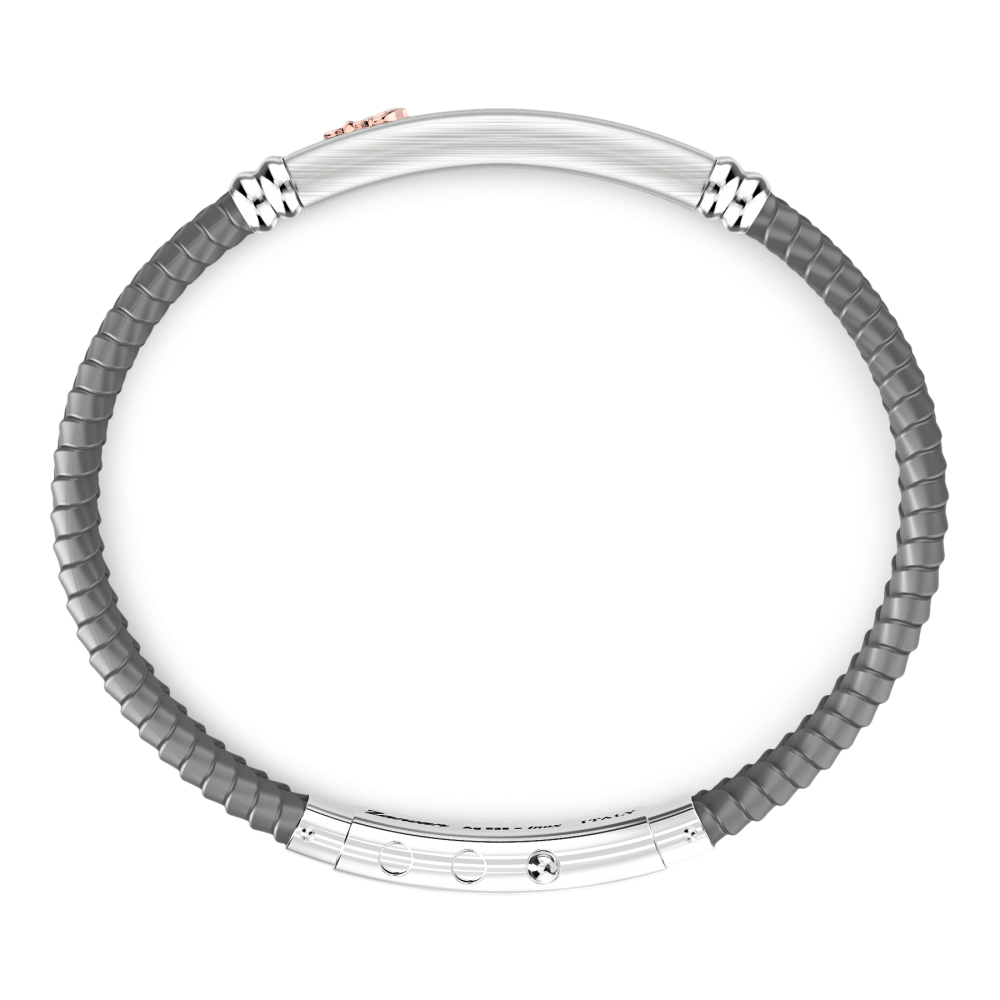 Zancan black silicone bracelet with silver tag and rose gold details.
