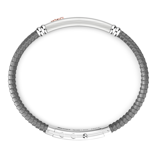 Zancan black silicone bracelet with silver tag and rose gold details.