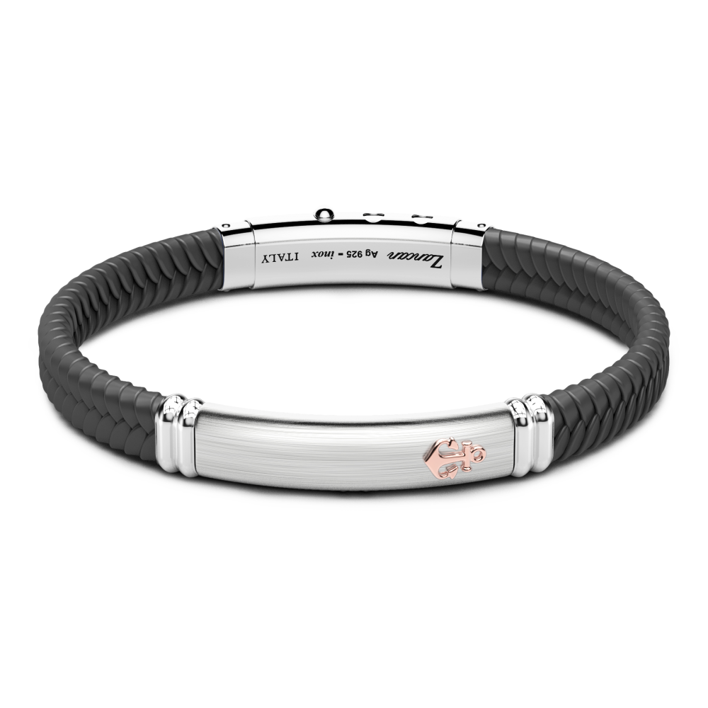 Zancan black silicone bracelet with silver tag and rose gold details.