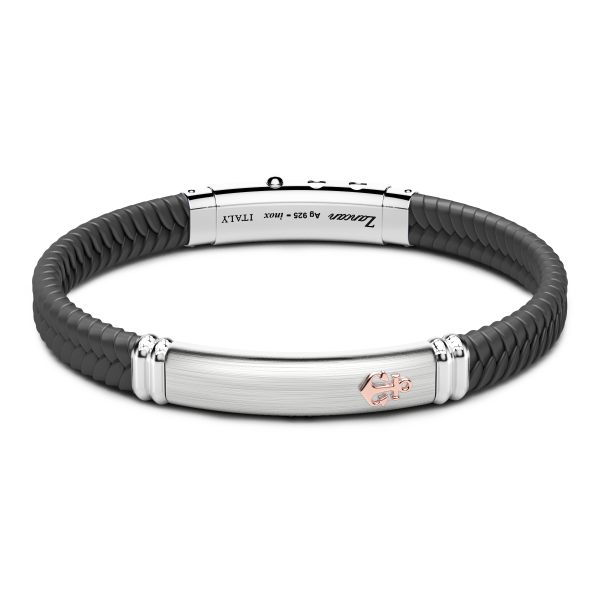 Zancan black silicone bracelet with silver tag and rose gold details.