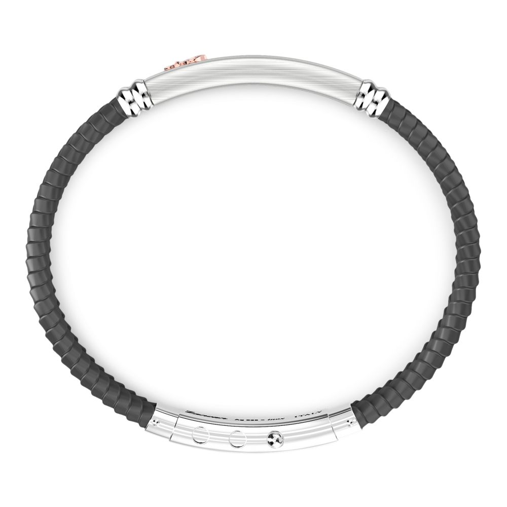 Zancan black silicone bracelet with silver tag and rose gold details.