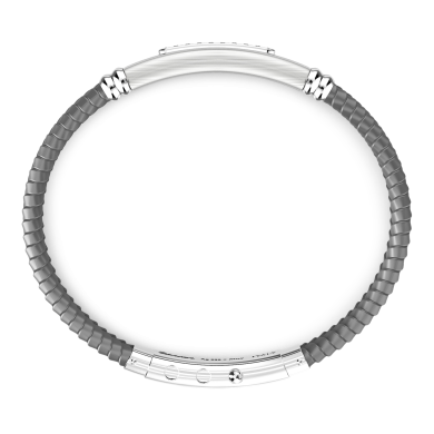 Zancan-Armband aus Silikon mit Silberplakette und schwarzen Edelsteinen.