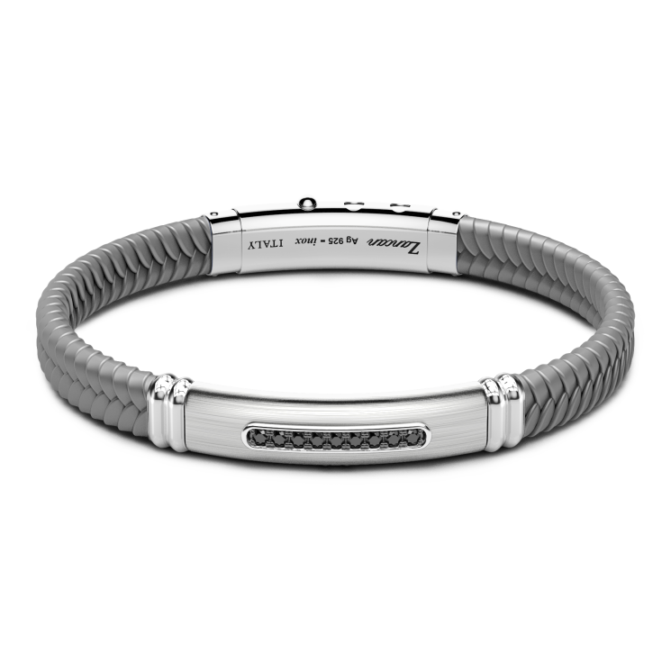 Zancan silicone bracelet with silver tag and black stones.