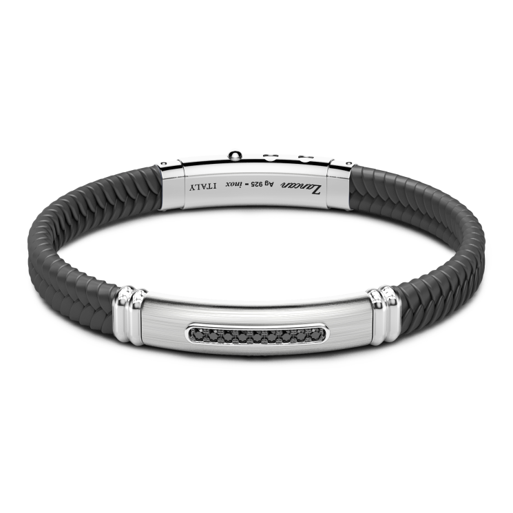 Bracciale Zancan in silicone con targa in argento e pietre nere.