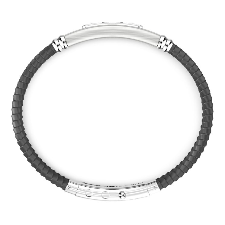Zancan-Armband aus Silikon mit Silberplakette und schwarzen Edelsteinen.